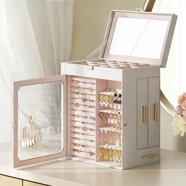 Alt view image 2 of 7 - Jewelry Box with Mirror, Travel Jewelry Organizer with Glass Window, Vertical Storage, Christmas Gift, Gift for Loved Ones, for Earrings, Rings, Necklaces, Bracelets, White WT03JB04G2