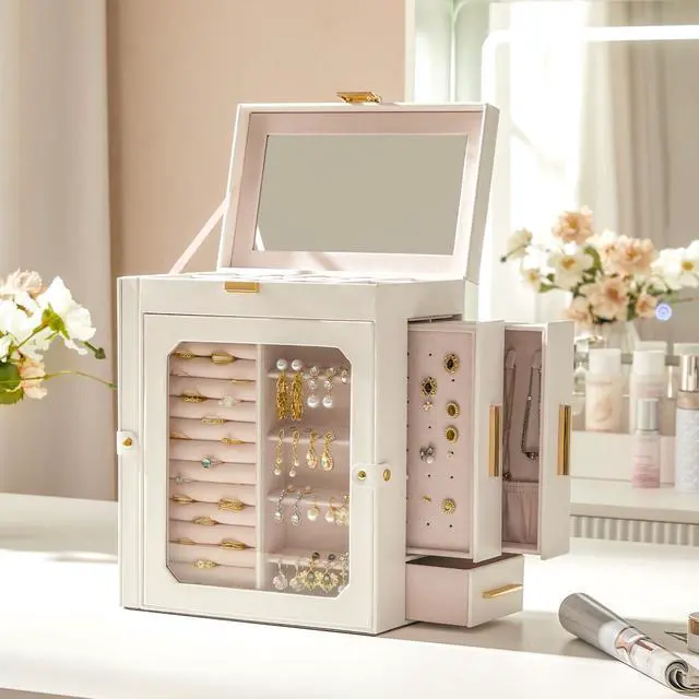 Alt view image 4 of 7 - Jewelry Box with Mirror, Travel Jewelry Organizer with Glass Window, Vertical Storage, Christmas Gift, Gift for Loved Ones, for Earrings, Rings, Necklaces, Bracelets, White WT03JB04G2