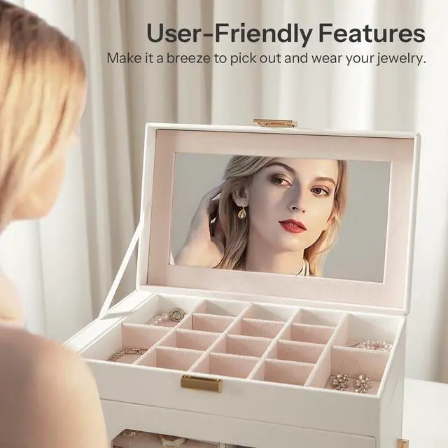Alt view image 5 of 7 - Jewelry Box with Mirror, Travel Jewelry Organizer with Glass Window, Vertical Storage, Christmas Gift, Gift for Loved Ones, for Earrings, Rings, Necklaces, Bracelets, White WT03JB04G2