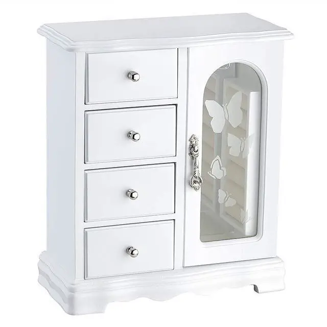 Main image of Jewelry Box - Made of Solid Wood with 4 Drawers Organizer and Built-in Necklace Carousel and Large Mirror White