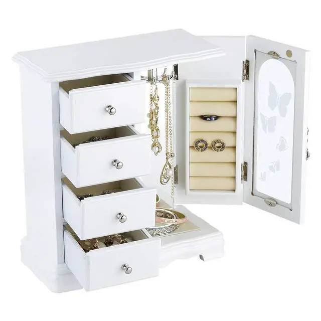 Alt view image 2 of 7 - Jewelry Box - Made of Solid Wood with 4 Drawers Organizer and Built-in Necklace Carousel and Large Mirror White