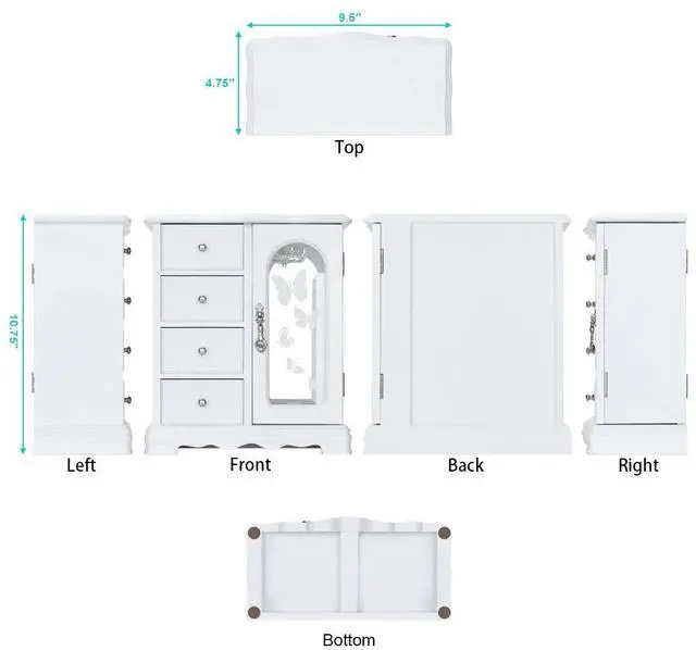 Alt view image 4 of 7 - Jewelry Box - Made of Solid Wood with 4 Drawers Organizer and Built-in Necklace Carousel and Large Mirror White