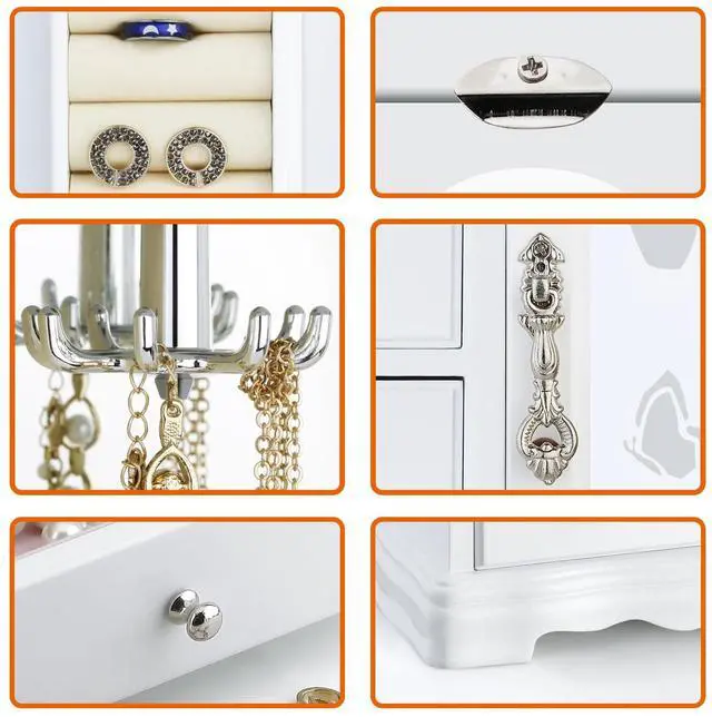 Alt view image 3 of 7 - Jewelry Box - Made of Solid Wood with 4 Drawers Organizer and Built-in Necklace Carousel and Large Mirror White