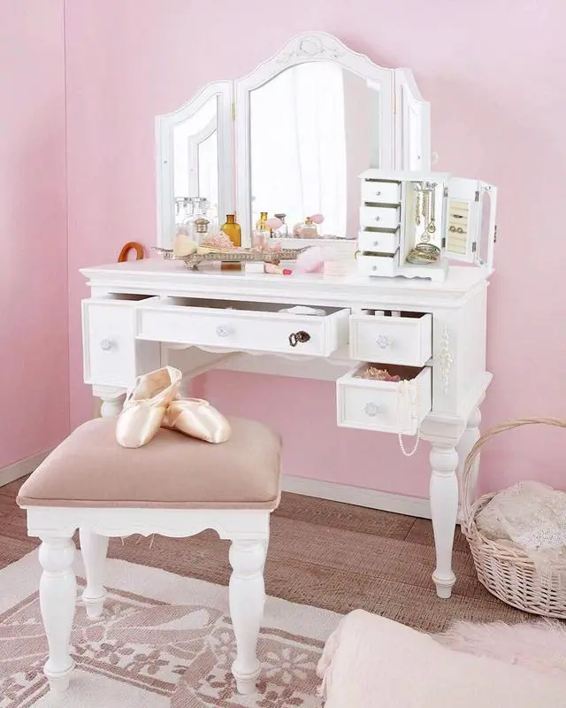 Alt view image 7 of 7 - Jewelry Box - Made of Solid Wood with 4 Drawers Organizer and Built-in Necklace Carousel and Large Mirror White