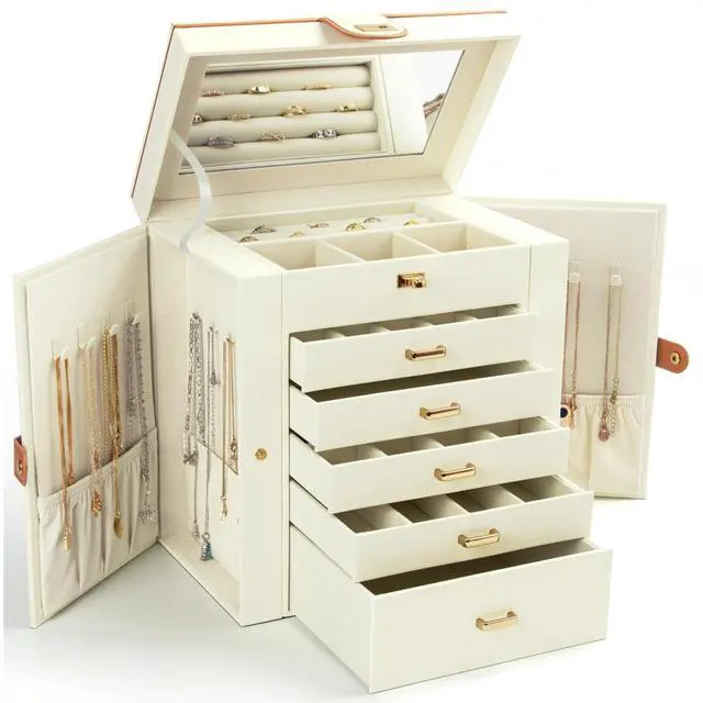 Main image of Jewelry Box for Women, 6-Layer Large Jewelry Holder Organizer Box with Mirror & 5 Drawers for Rings, Earrings, Necklaces, Bracelets,White