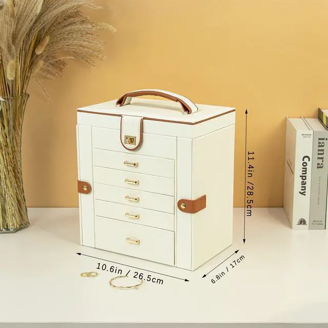 Alt view image 4 of 6 - Jewelry Box for Women, 6-Layer Large Jewelry Holder Organizer Box with Mirror & 5 Drawers for Rings, Earrings, Necklaces, Bracelets,White