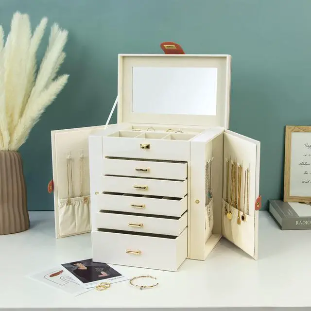 Alt view image 2 of 6 - Jewelry Box for Women, 6-Layer Large Jewelry Holder Organizer Box with Mirror & 5 Drawers for Rings, Earrings, Necklaces, Bracelets,White