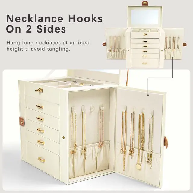 Alt view image 3 of 6 - Jewelry Box for Women, 6-Layer Large Jewelry Holder Organizer Box with Mirror & 5 Drawers for Rings, Earrings, Necklaces, Bracelets,White