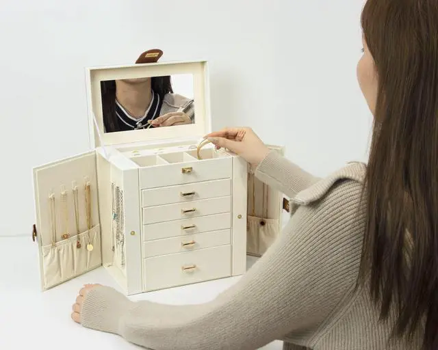 Alt view image 6 of 6 - Jewelry Box for Women, 6-Layer Large Jewelry Holder Organizer Box with Mirror & 5 Drawers for Rings, Earrings, Necklaces, Bracelets,White