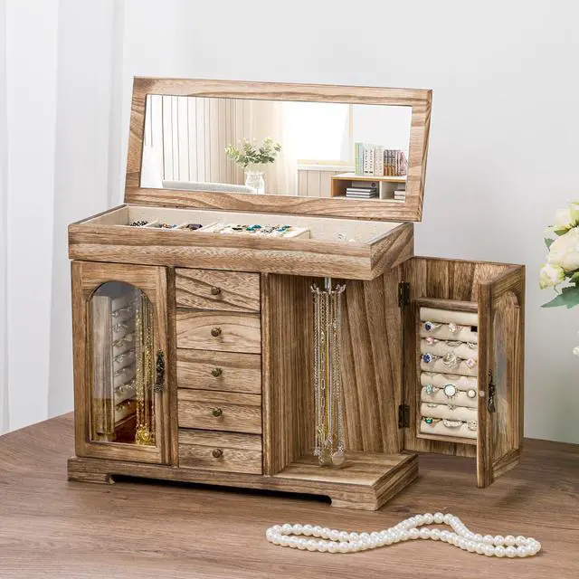 Alt view image 2 of 7 - Jewelry Box for Women Girls, Rustic Wooden Jewelry Organizer Box with Mirror, 5 Layer Jewelry Storage Case Display for Necklaces Earrings Rings Bracelets Valentine's Day Gifts