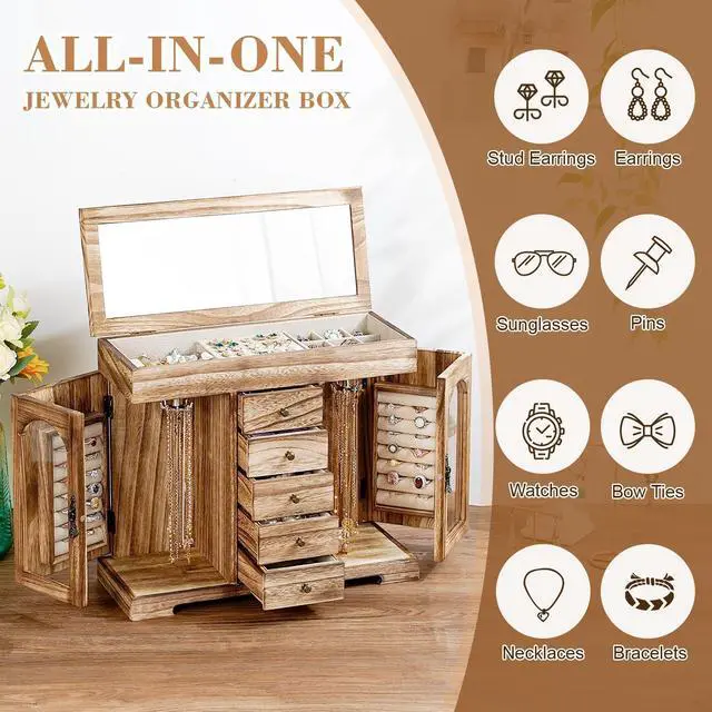 Alt view image 3 of 7 - Jewelry Box for Women Girls, Rustic Wooden Jewelry Organizer Box with Mirror, 5 Layer Jewelry Storage Case Display for Necklaces Earrings Rings Bracelets Valentine's Day Gifts