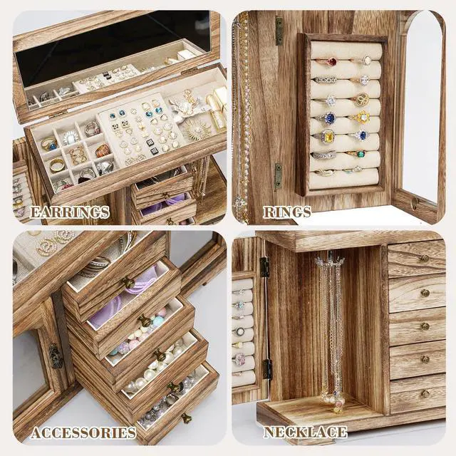 Alt view image 4 of 7 - Jewelry Box for Women Girls, Rustic Wooden Jewelry Organizer Box with Mirror, 5 Layer Jewelry Storage Case Display for Necklaces Earrings Rings Bracelets Valentine's Day Gifts