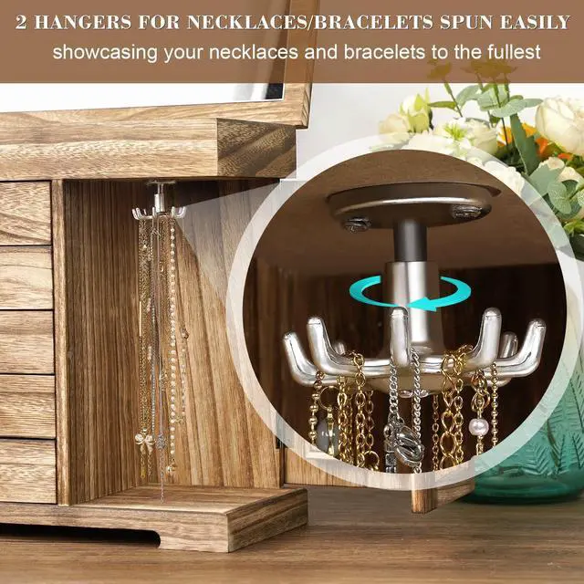 Alt view image 5 of 7 - Jewelry Box for Women Girls, Rustic Wooden Jewelry Organizer Box with Mirror, 5 Layer Jewelry Storage Case Display for Necklaces Earrings Rings Bracelets Valentine's Day Gifts