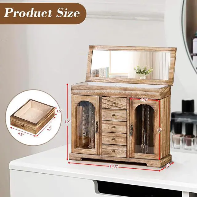 Alt view image 6 of 7 - Jewelry Box for Women Girls, Rustic Wooden Jewelry Organizer Box with Mirror, 5 Layer Jewelry Storage Case Display for Necklaces Earrings Rings Bracelets Valentine's Day Gifts