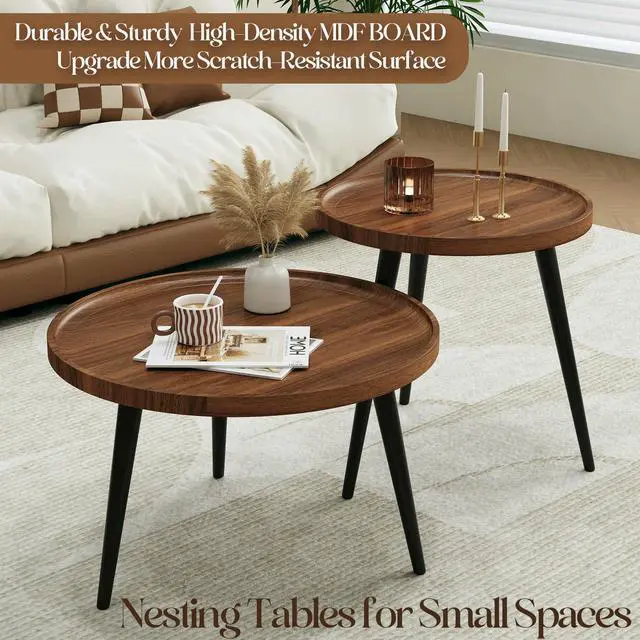 Alt view image 2 of 7 - 2 Pcs Mid Century Modern Coffee Table Round for Living Room,Easy Assembly Nesting Coffee Tables,Minimalist Circle Walnut Coffee Table for Bedroom Office Balcony Yard
