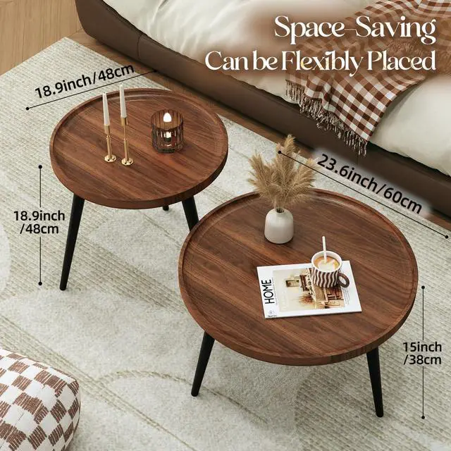 Alt view image 3 of 7 - 2 Pcs Mid Century Modern Coffee Table Round for Living Room,Easy Assembly Nesting Coffee Tables,Minimalist Circle Walnut Coffee Table for Bedroom Office Balcony Yard