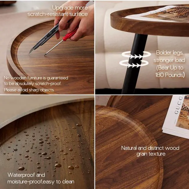 Alt view image 4 of 7 - 2 Pcs Mid Century Modern Coffee Table Round for Living Room,Easy Assembly Nesting Coffee Tables,Minimalist Circle Walnut Coffee Table for Bedroom Office Balcony Yard
