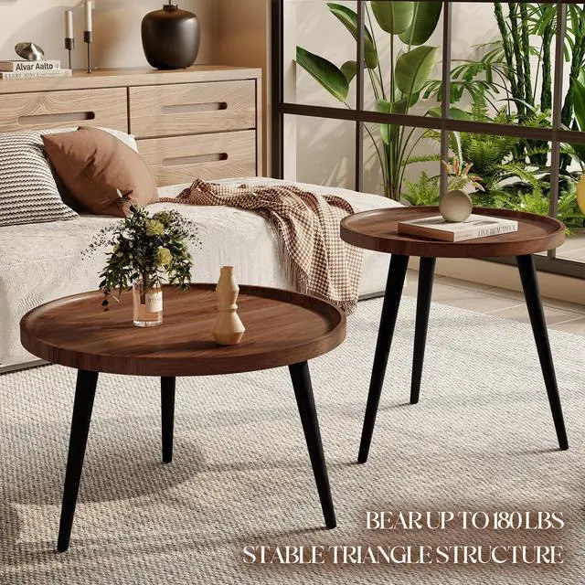Alt view image 7 of 7 - 2 Pcs Mid Century Modern Coffee Table Round for Living Room,Easy Assembly Nesting Coffee Tables,Minimalist Circle Walnut Coffee Table for Bedroom Office Balcony Yard