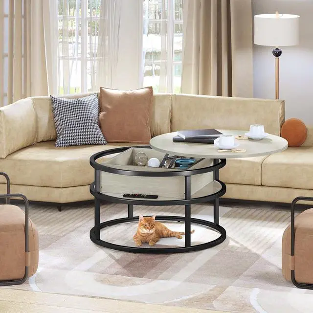 Alt view image 2 of 7 - Round Lift Top Coffee Table, Coffee Tables for Living Room with Hidden Storage Compartment, Modern Coffee Table with Storage for Home Office, Center Tables Living Room, White Oak