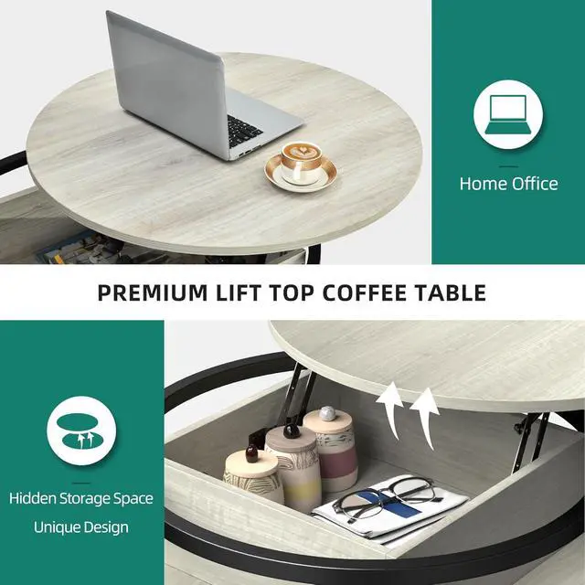 Alt view image 3 of 7 - Round Lift Top Coffee Table, Coffee Tables for Living Room with Hidden Storage Compartment, Modern Coffee Table with Storage for Home Office, Center Tables Living Room, White Oak