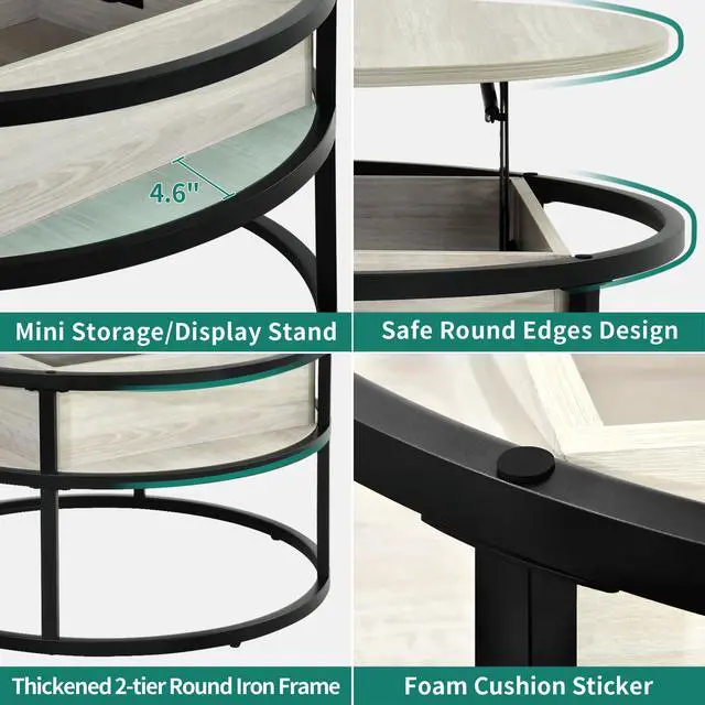 Alt view image 6 of 7 - Round Lift Top Coffee Table, Coffee Tables for Living Room with Hidden Storage Compartment, Modern Coffee Table with Storage for Home Office, Center Tables Living Room, White Oak