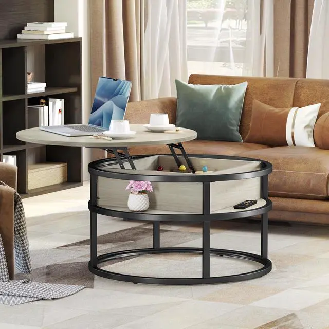 Alt view image 7 of 7 - Round Lift Top Coffee Table, Coffee Tables for Living Room with Hidden Storage Compartment, Modern Coffee Table with Storage for Home Office, Center Tables Living Room, White Oak