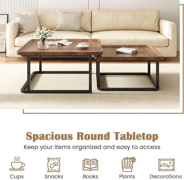 Alt view image 2 of 6 - Square Nesting Coffee Table Set of 2, 23.6"+19.7" Nesting Tables,Small Square Coffee Table with Fluted,Center Table for Living Room Bedroom Office Balcony Yard (Walnut)