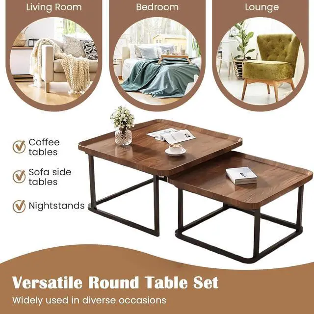 Alt view image 3 of 6 - Square Nesting Coffee Table Set of 2, 23.6"+19.7" Nesting Tables,Small Square Coffee Table with Fluted,Center Table for Living Room Bedroom Office Balcony Yard (Walnut)