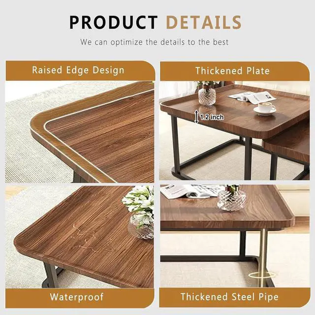Alt view image 4 of 6 - Square Nesting Coffee Table Set of 2, 23.6"+19.7" Nesting Tables,Small Square Coffee Table with Fluted,Center Table for Living Room Bedroom Office Balcony Yard (Walnut)