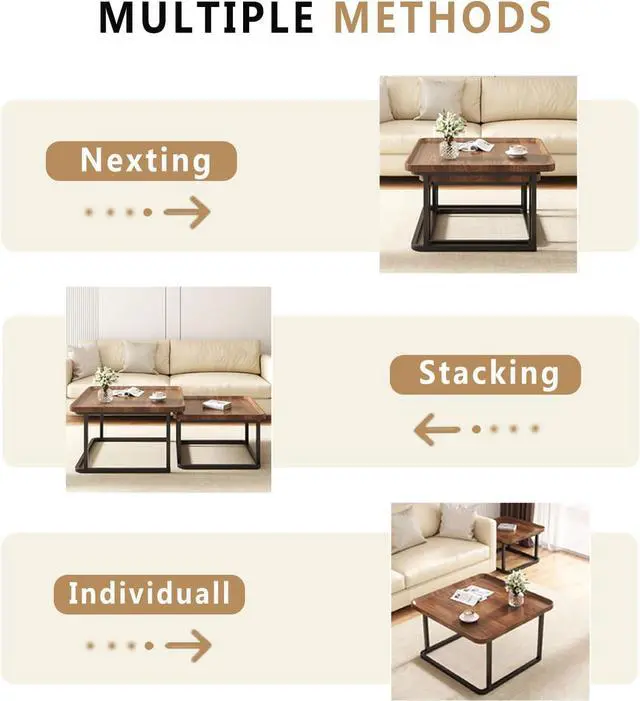 Alt view image 5 of 6 - Square Nesting Coffee Table Set of 2, 23.6"+19.7" Nesting Tables,Small Square Coffee Table with Fluted,Center Table for Living Room Bedroom Office Balcony Yard (Walnut)