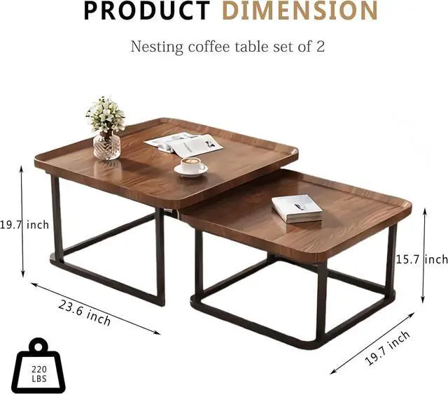 Alt view image 6 of 6 - Square Nesting Coffee Table Set of 2, 23.6"+19.7" Nesting Tables,Small Square Coffee Table with Fluted,Center Table for Living Room Bedroom Office Balcony Yard (Walnut)