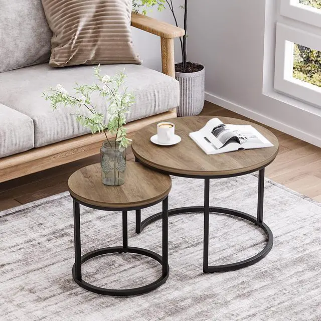 Alt view image 2 of 7 - Nesting Coffee Table Set of 2, 23.6" Round Coffee Table Wood Grain Top with Adjustable Non-Slip Feet, Industrial End Table Side Tables for Living Room Bedroom Balcony Yard