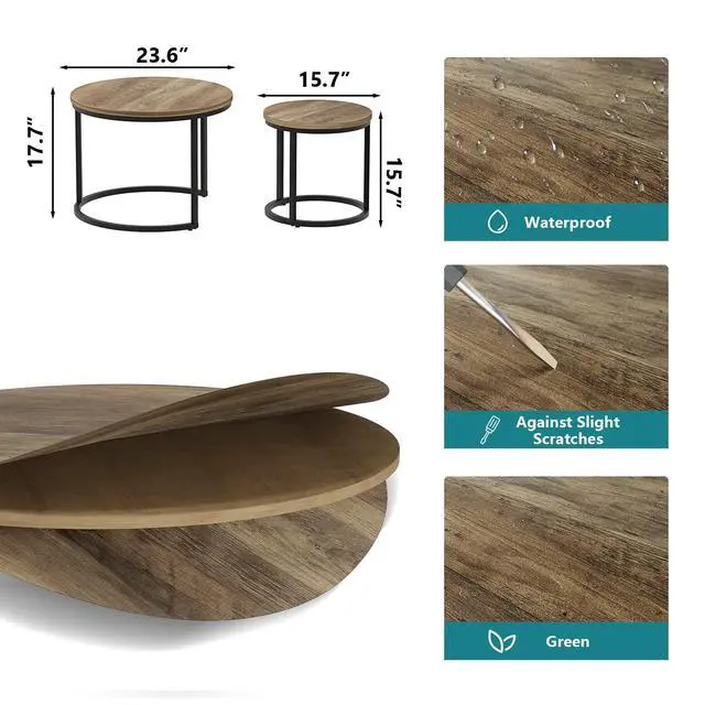 Alt view image 3 of 7 - Nesting Coffee Table Set of 2, 23.6" Round Coffee Table Wood Grain Top with Adjustable Non-Slip Feet, Industrial End Table Side Tables for Living Room Bedroom Balcony Yard