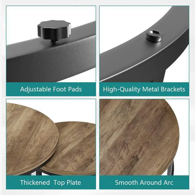 Alt view image 4 of 7 - Nesting Coffee Table Set of 2, 23.6" Round Coffee Table Wood Grain Top with Adjustable Non-Slip Feet, Industrial End Table Side Tables for Living Room Bedroom Balcony Yard