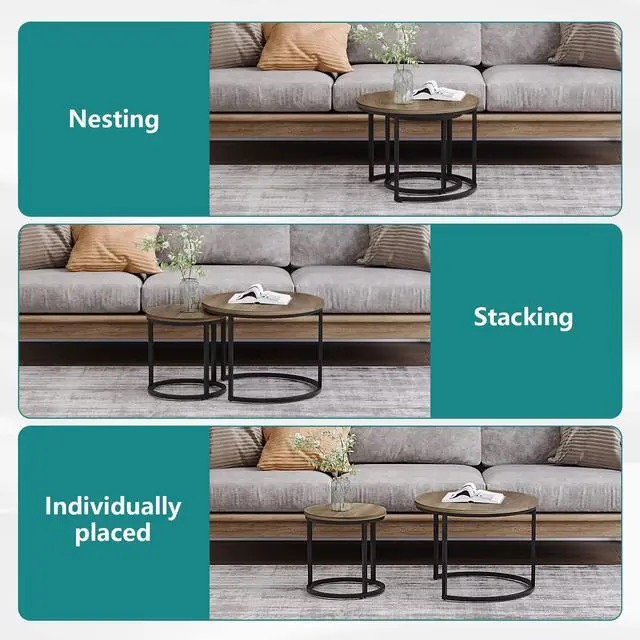Alt view image 5 of 7 - Nesting Coffee Table Set of 2, 23.6" Round Coffee Table Wood Grain Top with Adjustable Non-Slip Feet, Industrial End Table Side Tables for Living Room Bedroom Balcony Yard