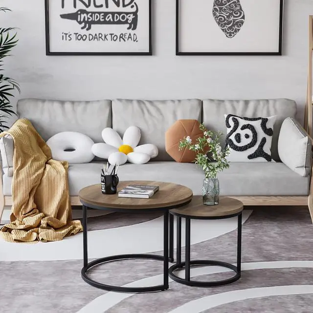 Alt view image 6 of 7 - Nesting Coffee Table Set of 2, 23.6" Round Coffee Table Wood Grain Top with Adjustable Non-Slip Feet, Industrial End Table Side Tables for Living Room Bedroom Balcony Yard