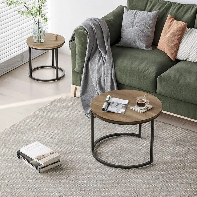 Alt view image 7 of 7 - Nesting Coffee Table Set of 2, 23.6" Round Coffee Table Wood Grain Top with Adjustable Non-Slip Feet, Industrial End Table Side Tables for Living Room Bedroom Balcony Yard