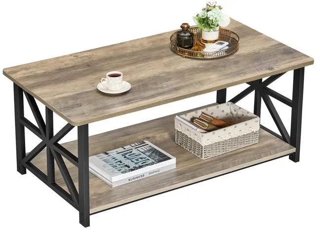 Main image of Coffee Table for Living Room with Round Corners Farmhouse Style Center Table with Storage Shelf 39 Inch Space Saving Easy Assembly Gray Wash