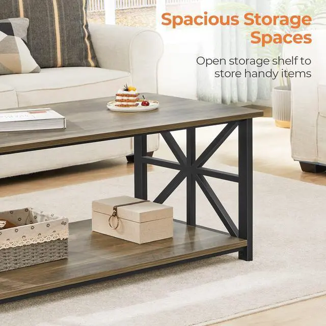 Alt view image 5 of 7 - Coffee Table for Living Room with Round Corners Farmhouse Style Center Table with Storage Shelf 39 Inch Space Saving Easy Assembly Gray Wash