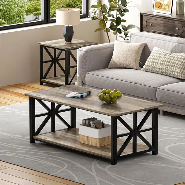 Alt view image 6 of 7 - Coffee Table for Living Room with Round Corners Farmhouse Style Center Table with Storage Shelf 39 Inch Space Saving Easy Assembly Gray Wash