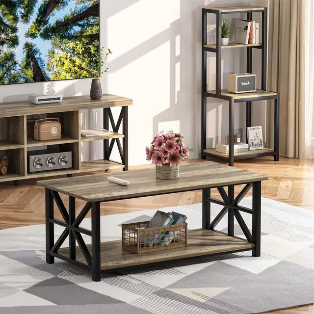 Alt view image 7 of 7 - Coffee Table for Living Room with Round Corners Farmhouse Style Center Table with Storage Shelf 39 Inch Space Saving Easy Assembly Gray Wash