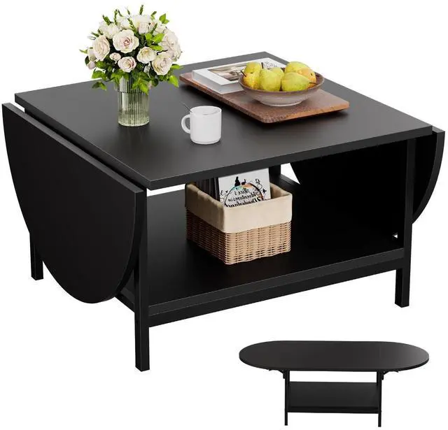 Main image of Black Coffee Table Modern Extended Coffee Tables with Storage for Living Room 2-Tier Unique Center Table with Two Folding Panel for Any Large or Small Space,Foldable, All Black