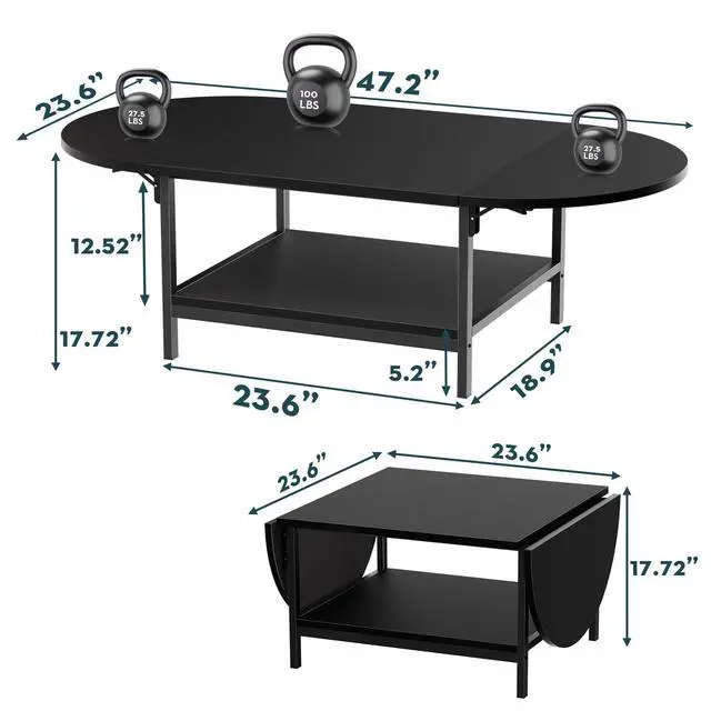 Alt view image 2 of 7 - Black Coffee Table Modern Extended Coffee Tables with Storage for Living Room 2-Tier Unique Center Table with Two Folding Panel for Any Large or Small Space,Foldable, All Black