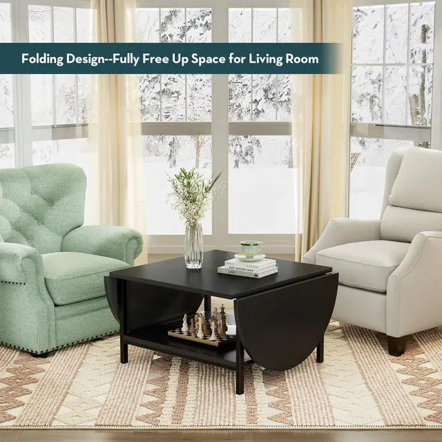Alt view image 3 of 7 - Black Coffee Table Modern Extended Coffee Tables with Storage for Living Room 2-Tier Unique Center Table with Two Folding Panel for Any Large or Small Space,Foldable, All Black
