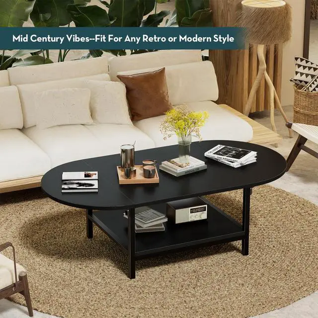 Alt view image 5 of 7 - Black Coffee Table Modern Extended Coffee Tables with Storage for Living Room 2-Tier Unique Center Table with Two Folding Panel for Any Large or Small Space,Foldable, All Black