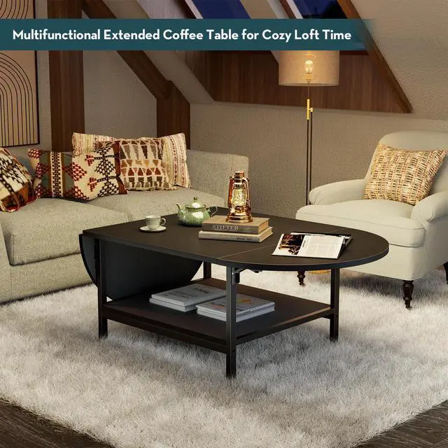 Alt view image 6 of 7 - Black Coffee Table Modern Extended Coffee Tables with Storage for Living Room 2-Tier Unique Center Table with Two Folding Panel for Any Large or Small Space,Foldable, All Black