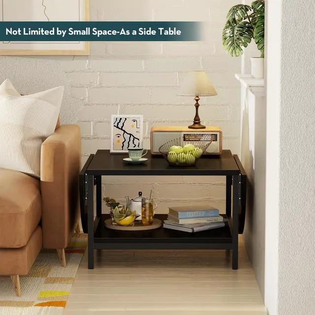 Alt view image 7 of 7 - Black Coffee Table Modern Extended Coffee Tables with Storage for Living Room 2-Tier Unique Center Table with Two Folding Panel for Any Large or Small Space,Foldable, All Black
