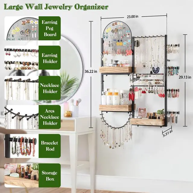 Alt view image 3 of 5 - Jewelry Organizer - Large Wall Mount Hanging Jewelry Holder Display for Earrings, Rings, Necklaces, Bracelets, Makeup, Perfume & Watches