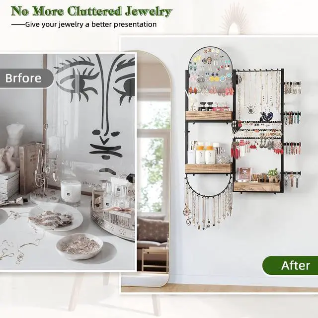 Alt view image 4 of 5 - Jewelry Organizer - Large Wall Mount Hanging Jewelry Holder Display for Earrings, Rings, Necklaces, Bracelets, Makeup, Perfume & Watches