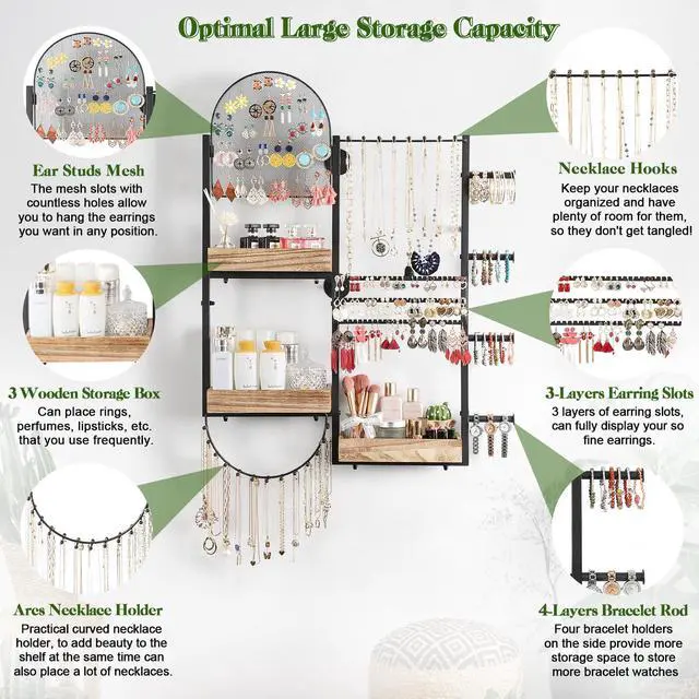 Alt view image 5 of 5 - Jewelry Organizer - Large Wall Mount Hanging Jewelry Holder Display for Earrings, Rings, Necklaces, Bracelets, Makeup, Perfume & Watches